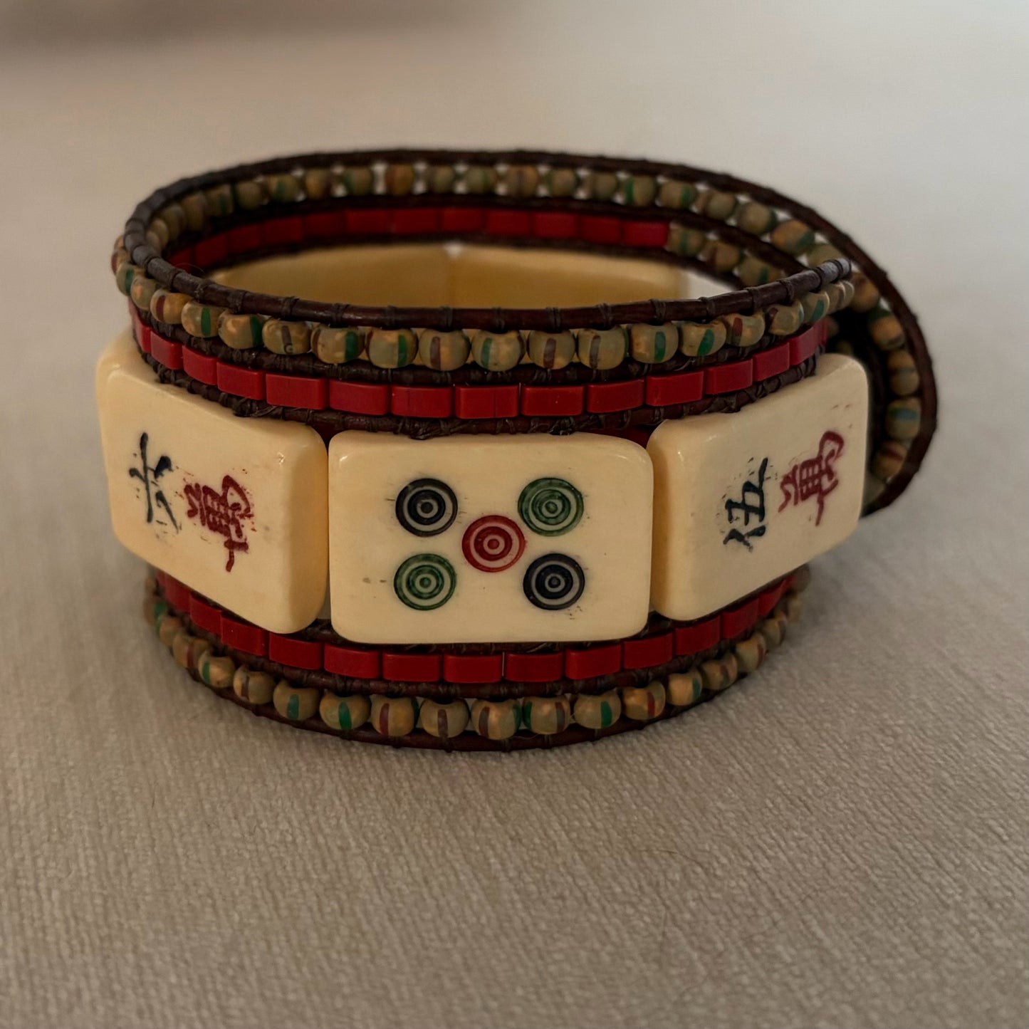 Vintage Mahjong Tile Cuff Beaded Bracelet, 1.5"W x 7.2"L, Carrie Prince