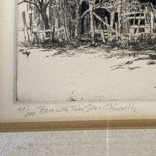 Vintage Etching, Barn w/ Twin Silos, By Little, 19.5"W x 15.5"H x 1"D