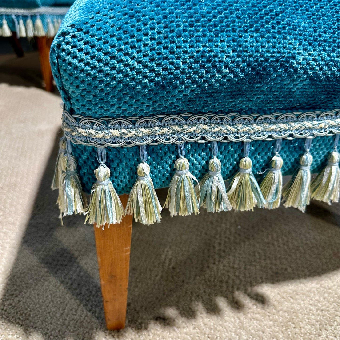 Tufted Armless Upholstered Chair, Teal w/ Tassel Trim, 26.5"L x 29.5"D x 35.5"H