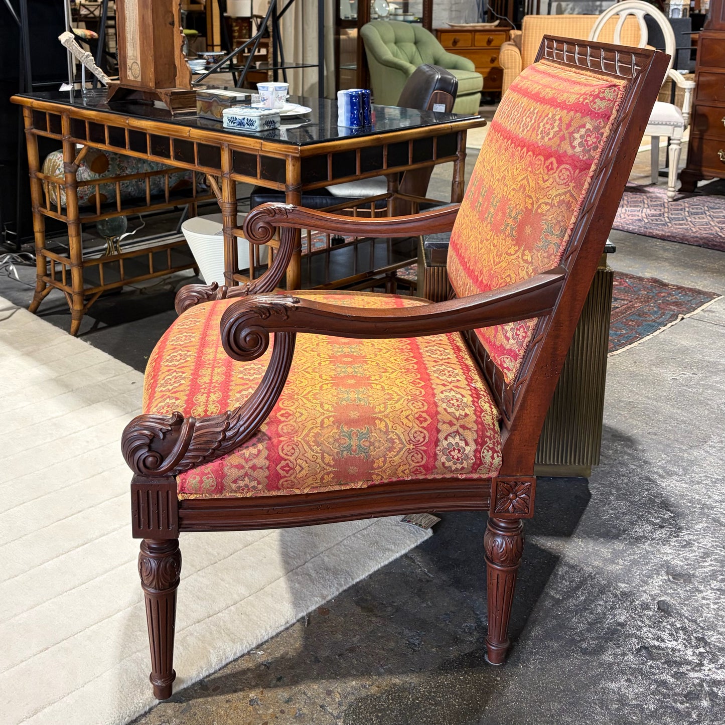 VTG Open Armchair w/ Carved Wooden Details, 29"W x 30"D x 40.25"H