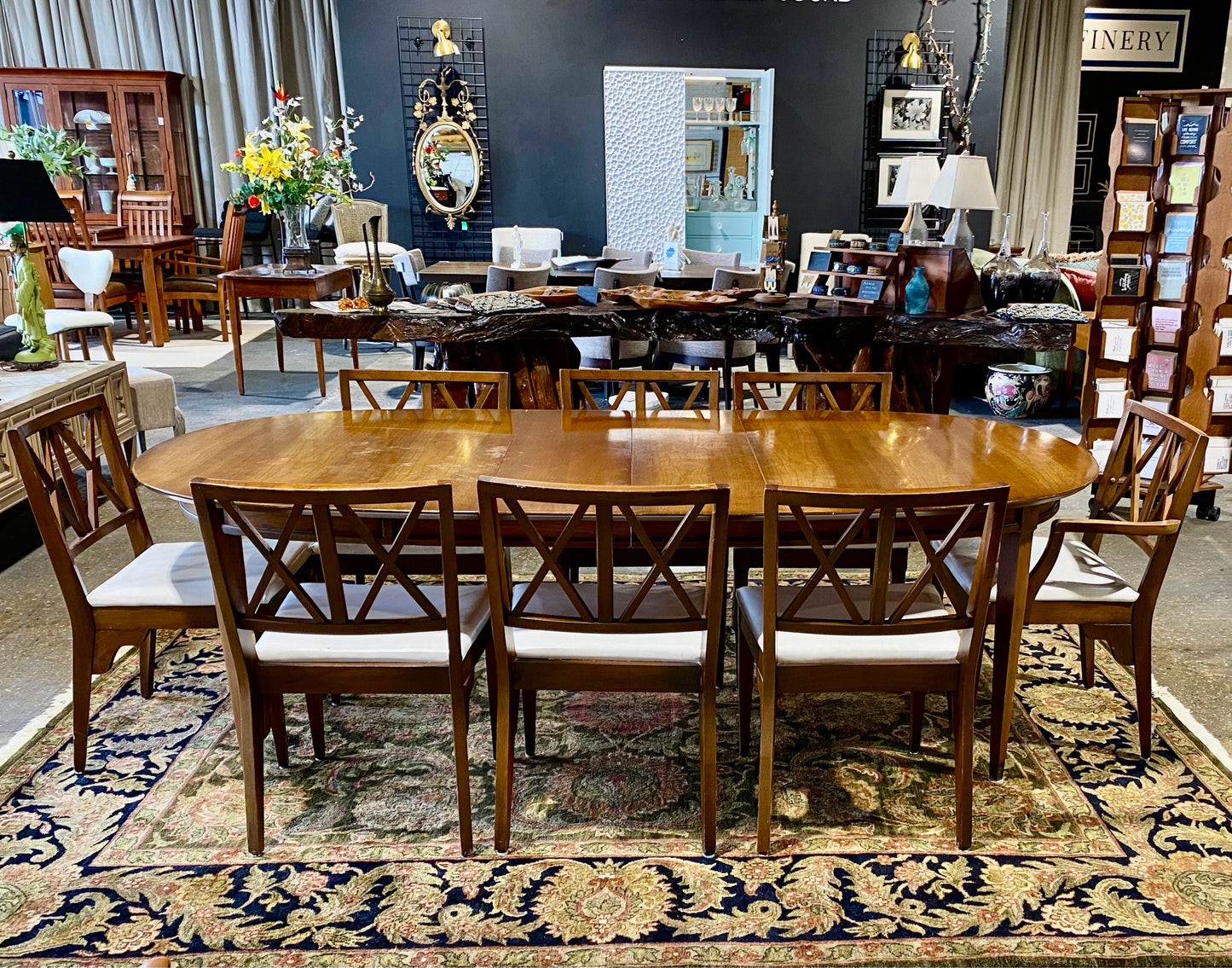 Oval Dining Table W/3 Leaves and 8 Chairs, 102"L x 46"D x 29.5"H