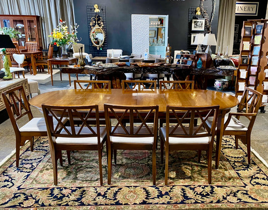 Oval Dining Table W/3 Leaves and 8 Chairs, 102"L x 46"D x 29.5"H