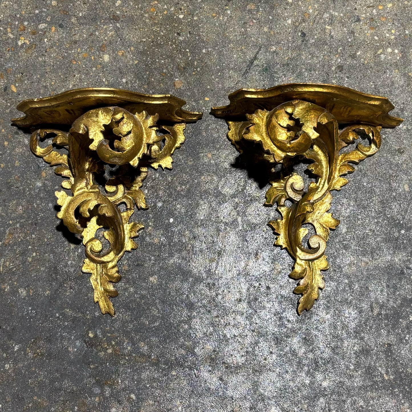 PAIR Italian Gilt Wooden Wall Shelves 11" W x 5.5" D x 11" H