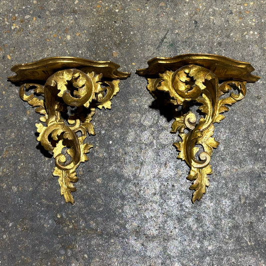 PAIR Italian Gilt Wooden Wall Shelves 11" W x 5.5" D x 11" H