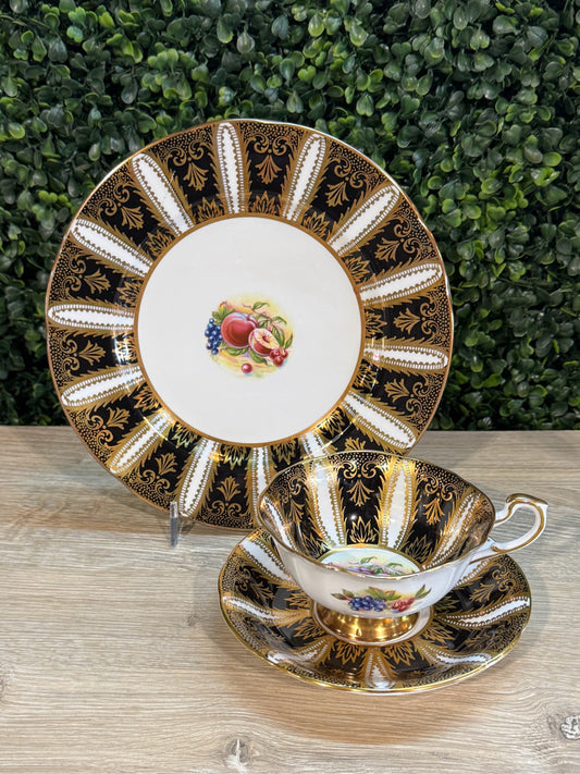 Paragon tea cup/saucer, dessert plate, black/gold/fruit, 8"W x 8"D x 4"H