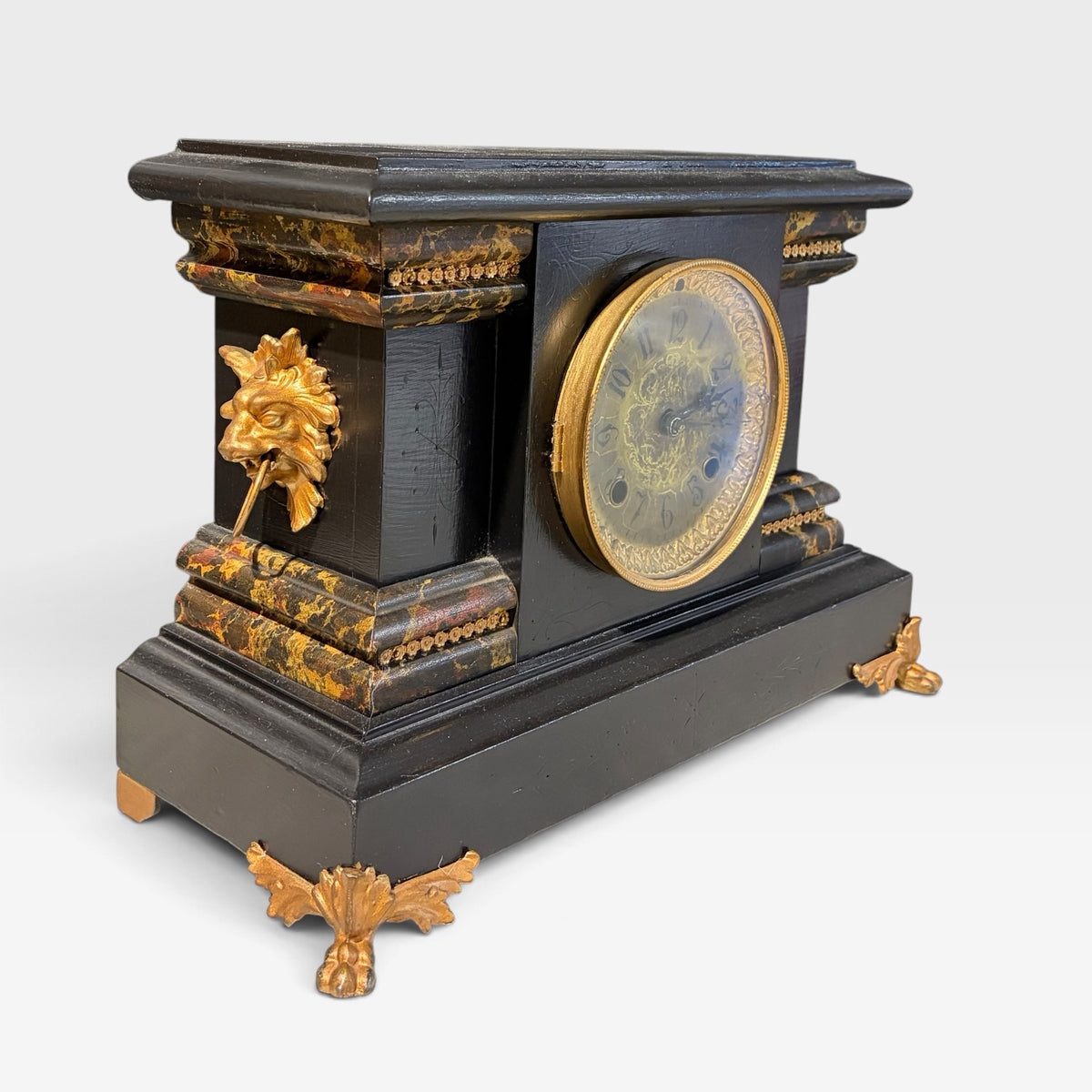 Antique Mantel Clock w/key, blk/grn/bronze, 16"W x 6.75"D x 11"H