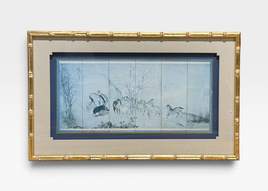 Asian horses, print, bamboo frame, 19.5" W x 14"H
