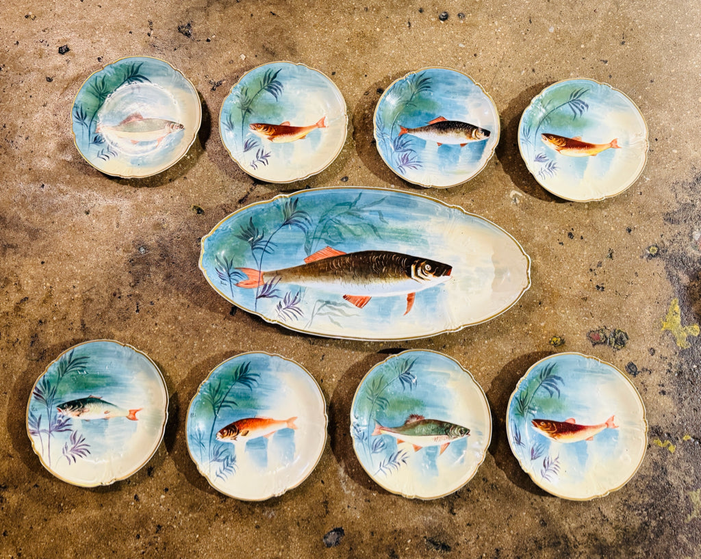 Antique Limoges platter w/8 plates, handpainted fish