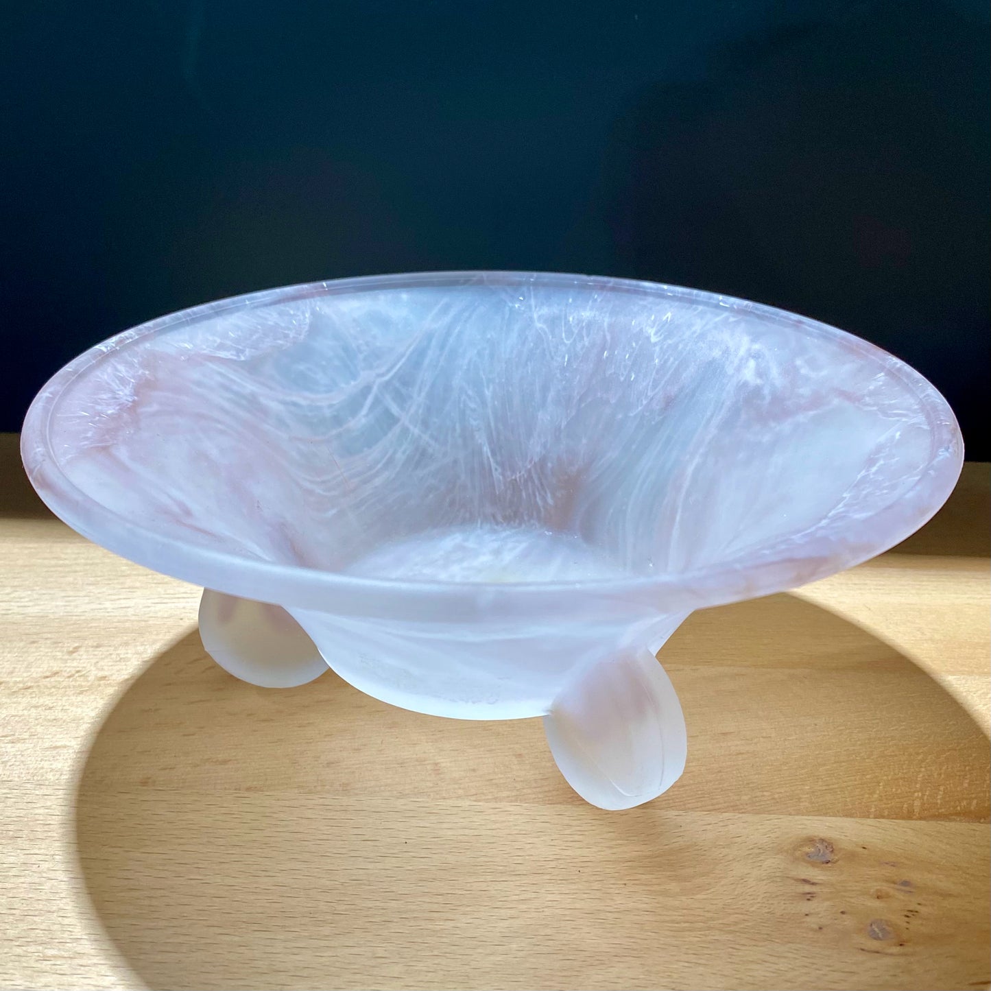 Frosted Pink Swirl Art Glass Footed Bowl, 7" Dia x 2.5" H