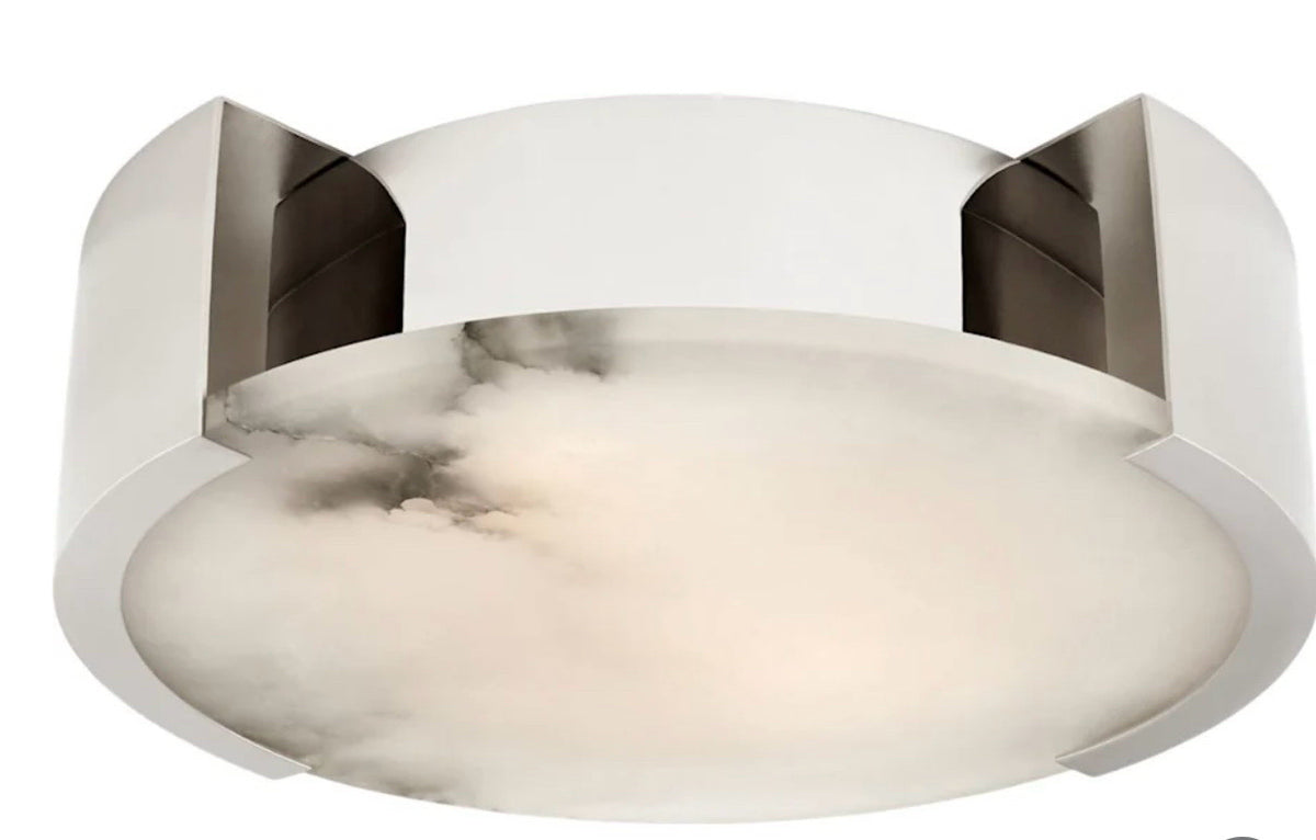 Visual Comfort Melange Sm Flush Mount in Polished Nickel w/Alabaster, 4.5"H x 14