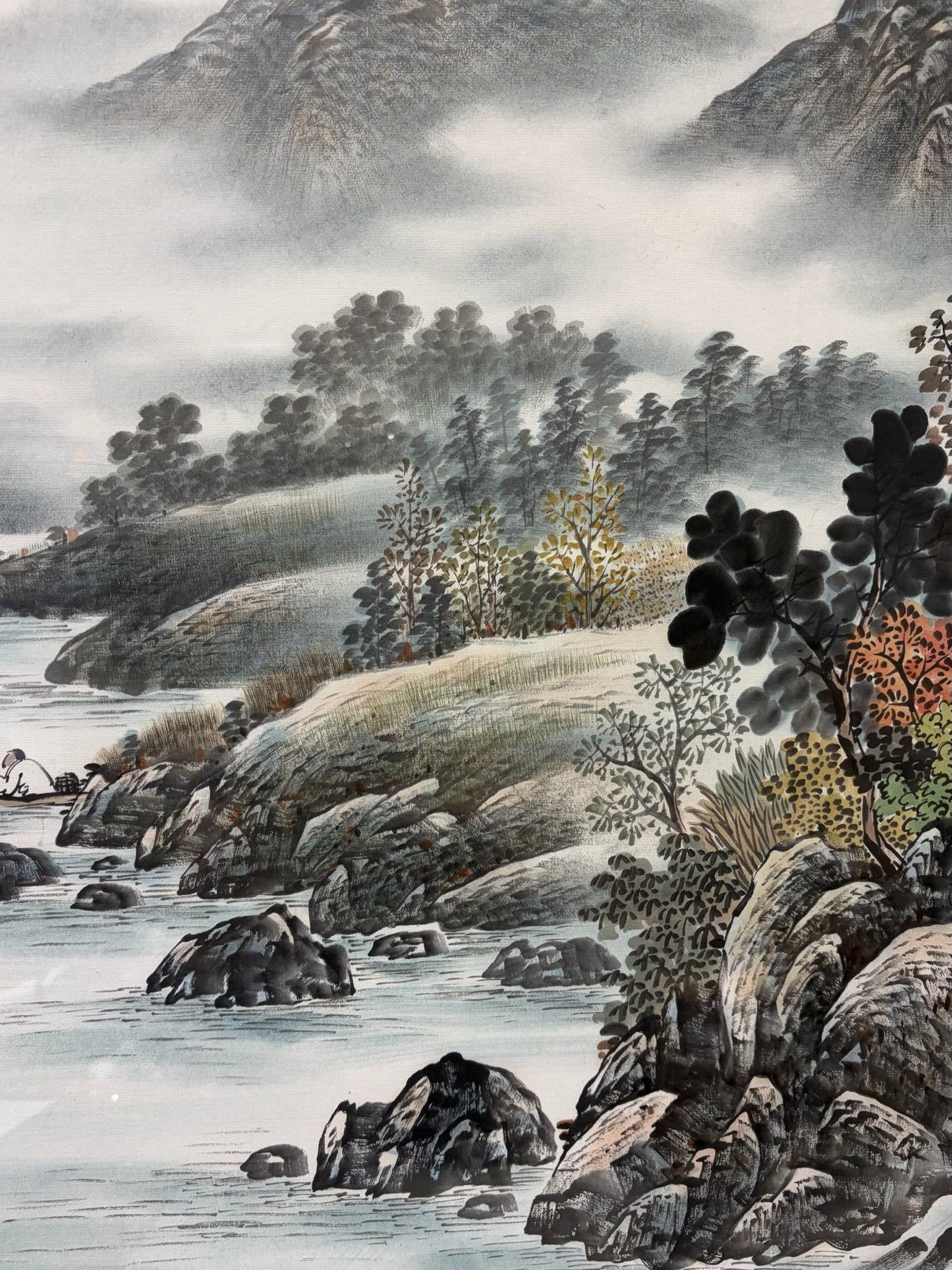VTG Shan Shui Watercolor, "Ancient Ferry on the Autumn River"  57"W x 34.25"H