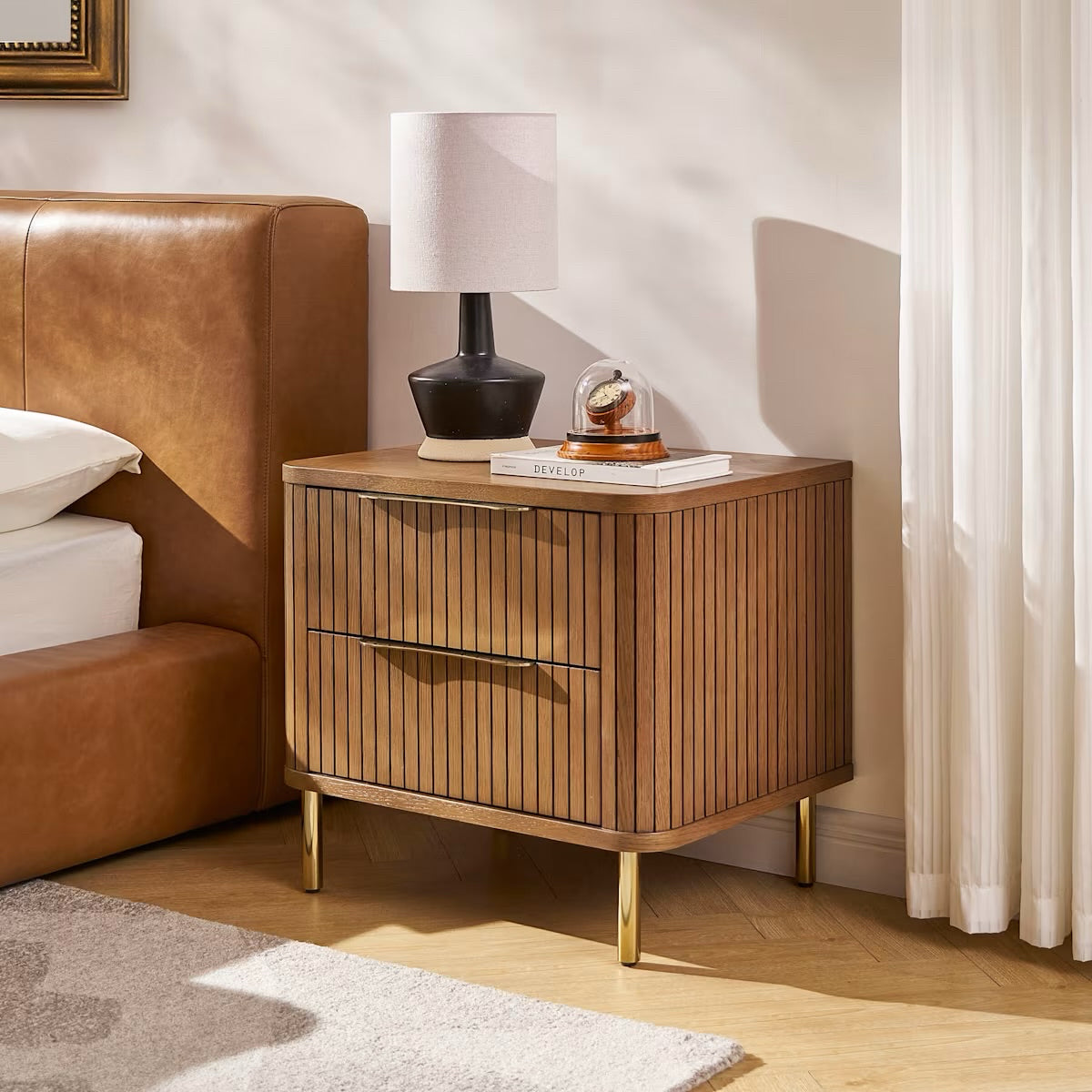Castlery Harper 2-Drawer Nightstand, Chestnut & Brass, 23.6"W x 17.7"D x 21.7"H
