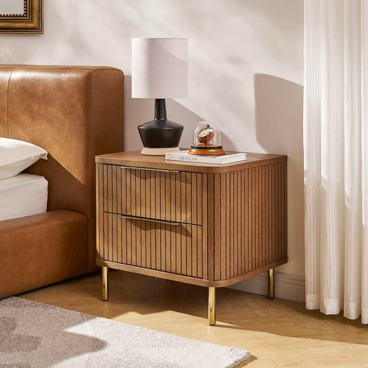 Castlery Harper 2-Drawer Nightstand, Chestnut & Brass, 23.6"W x 17.7"D x 21.7"H
