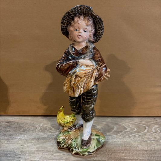 VTG Sutton's Creation Japan Child w/Chicken Figurine, 8"H x 3"W
