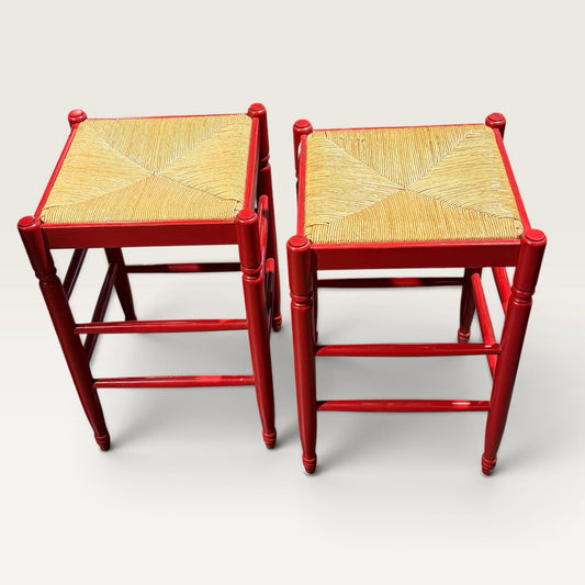 PAIR of Italian rush seat counter stools, red, 16"W x 16"D x 26"H