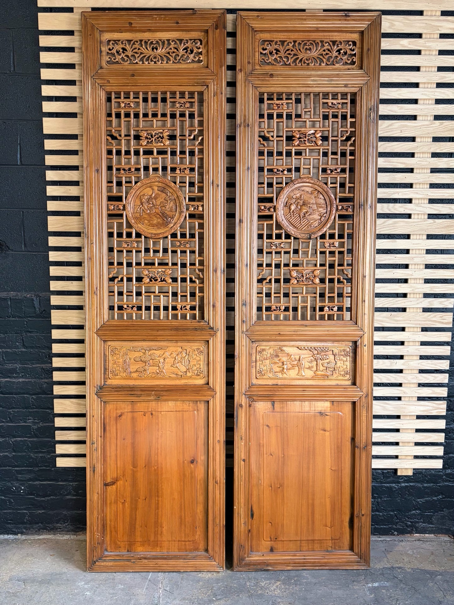 Pair of VTG Chinese Carved Wood Door Panels, 98"H x 25"W x 2.5"D