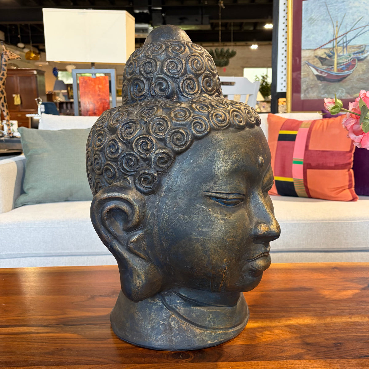 Ceramic Bronze-Tone Buddha Head, 13"W x 13"D x 19.75"H