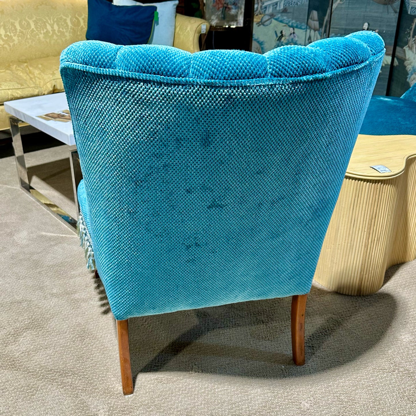 Tufted Armless Upholstered Chair, Teal w/ Tassel Trim, 26.5"L x 29.5"D x 35.5"H